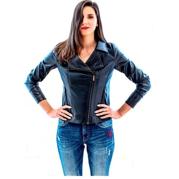 Desigual Chaq Emine Rep Vegan Leather Moto Biker Jacket Black Size 36 / US 2 NWT - Picture 1 of 12